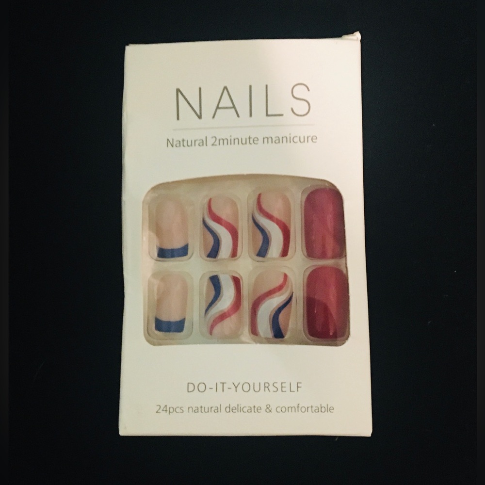Med Ballet Coffin Red, White, & Blue 24 ct Nail Mini Kit w/glue pads and file